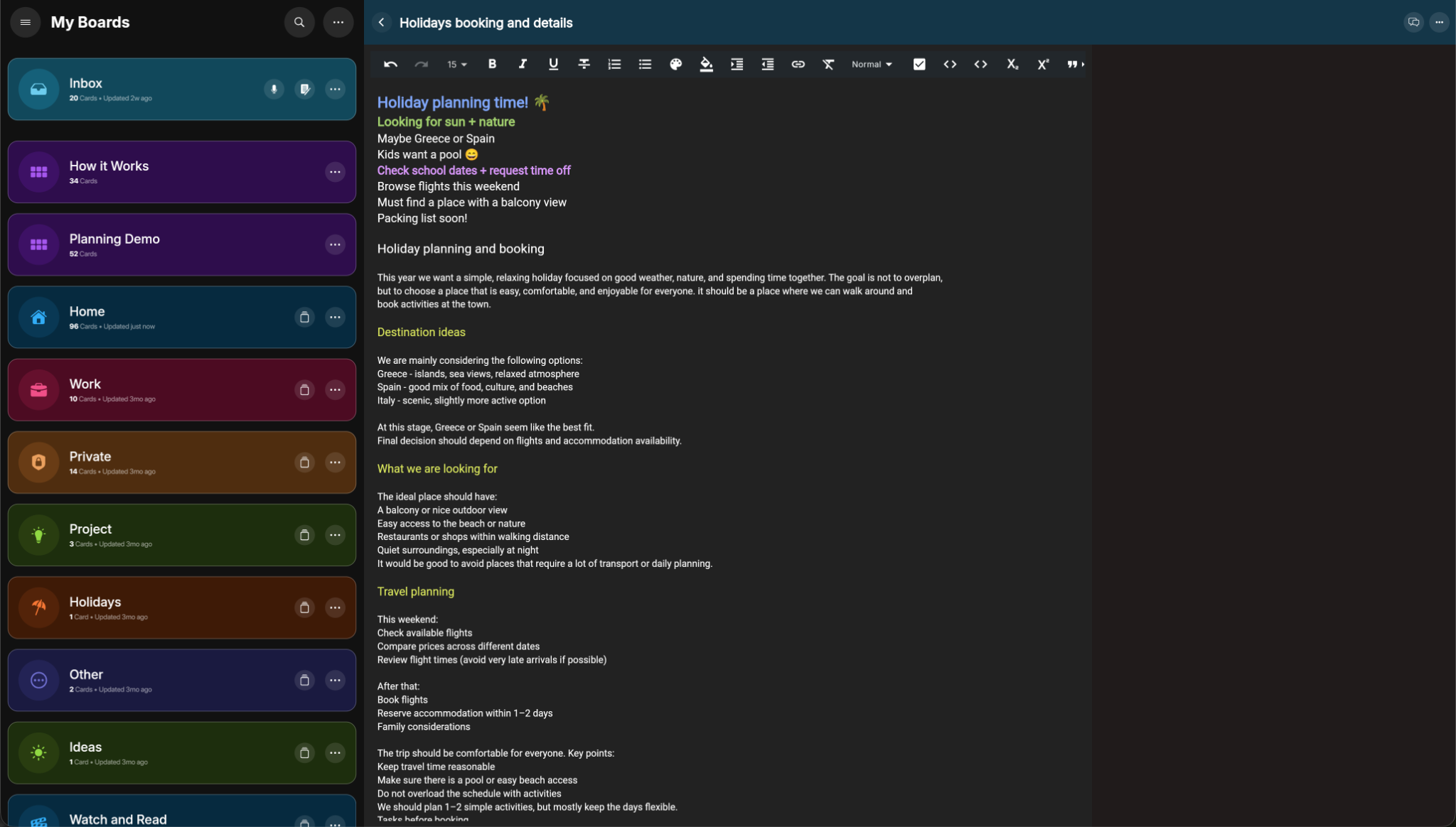 Desktop note inside card for project details