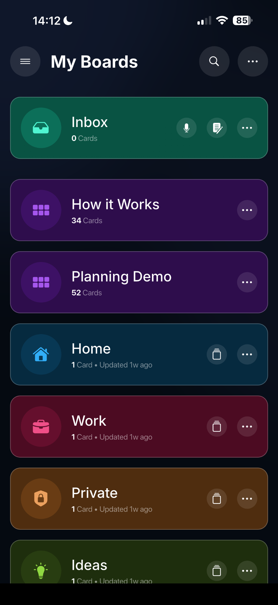 PlanBoards mobile boards screen