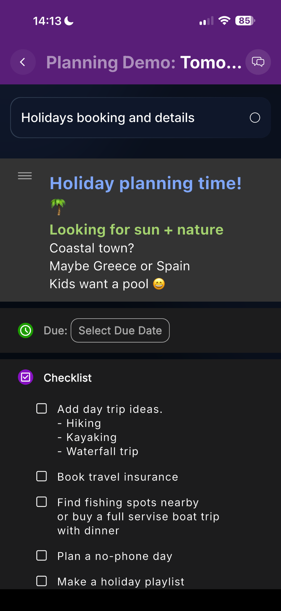 Top of card note area